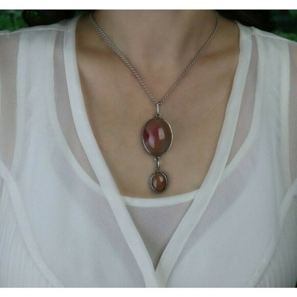 Sterling Silver Apricot Agate Necklace 18.5 inch chain Large Bold - Picture 3 of 8